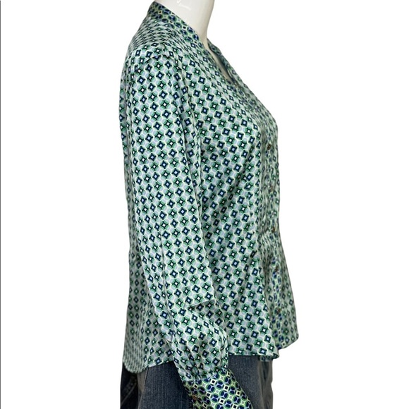 Zara Women Size M Blouse Collarless Long Sleeve Shirt Blue Green Geometric New - Picture 8 of 13